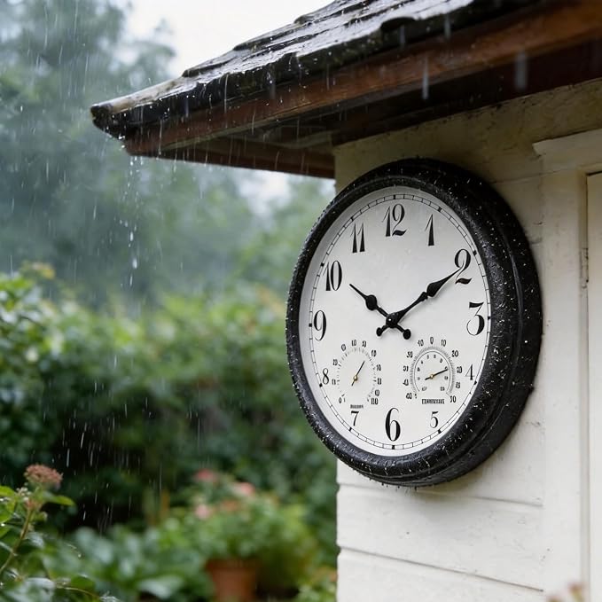 Outdoor Waterproof Wall Clock with Thermometer and Hygrometer Combo, 15 in Retro Battery Operated Garden Clocks for Indoor and Outside Patio Deck Pool -Not Silent (Black)