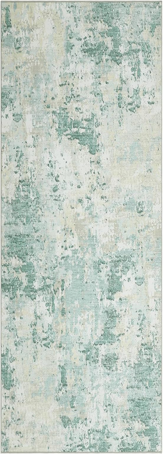 ROYHOME Modern Abstract Runner Rug 2x5 Washable Non Slip, Green | Stain Resistant Rug for Bedroom Living Room Non Shedding Low Pile Indoor Floor Cover