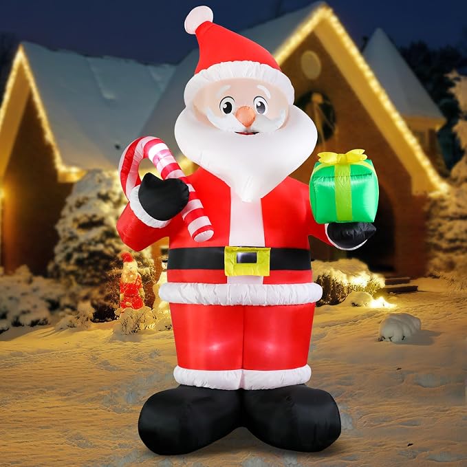 MUMTOP Santa Inflatable Outdoor-Christmas Inflatable Outdoor Decoration - 9.84 FT Giant Inflatables Santa Holding Candy Cane and Gift Box Blow Up for Garden Yard Outside Decor