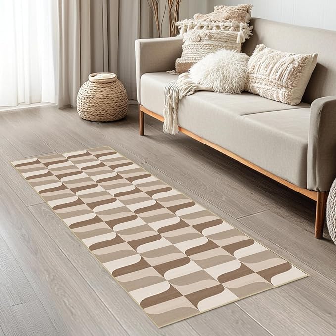 Modern Geometric Runner Rug 2x6 for Hallway Kitchen Bedroom Neutral Beige Brown Abstract Mid Century Modern Runner Rugs Machine Washable Non-Slip Print Low Pile Long Floor Carpet for Entryway Bathroom
