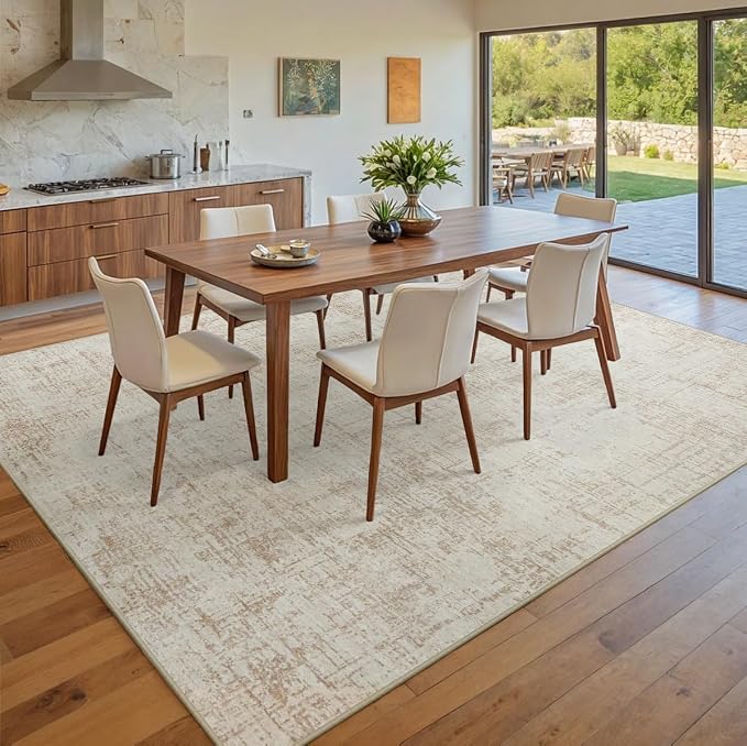 10x12 Area Rug for Living Room Bedroom: Non-Slip Modern Beige White | Machine Washable TPR Backing, Stain-Resistant Low Pile, Pet & Kid Friendly, Abstract Decor for Dining Room, Dorm, Home Office