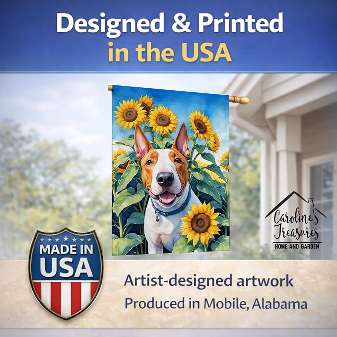 Caroline's Treasures DAC6070CHF English Bull Terrier in Sunflowers House Flag Large Porch Sleeve Pole Decorative Outside Yard Banner Artwork Wall Hanging, Polyester, House Size, Multicolor