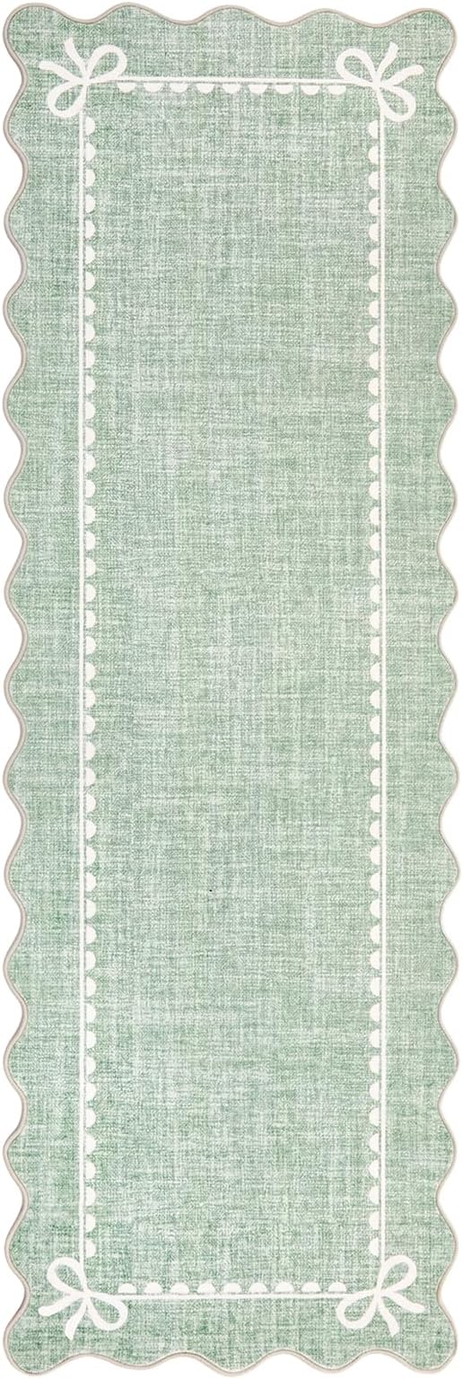 GarveeHome Scalloped Hallway Runner Rug 2.5x10 Non Slip Sage Green Rugs | Washable Bow Rug for Girls Bedroom Dorm Nursery Entyrway Kitchen, Soft Low Pile Ultra-Thin Stain Resistant Indoor Carpet