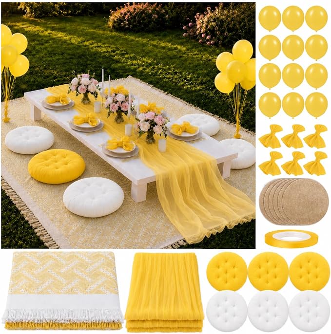 Cinrobiye Boho Picnic Party Set for Outdoor, Aesthetic Picnic Setup with Large Picnic Blanket, Floor Cushions, Table Runner, Napkins, Balloons for Wedding, Bridal Shower, Birthday(Yellow)