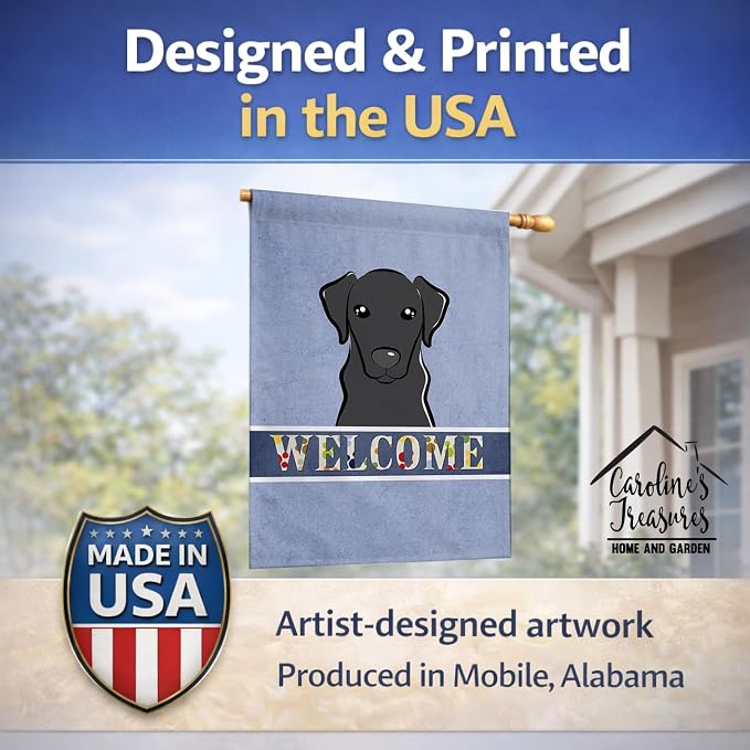 Caroline's Treasures BB1421CHF Black Labrador Welcome House Flag, Blue Large Porch Sleeve Pole Decorative Outside Yard Banner Artwork Wall Hanging, Polyester, House Size, Multicolor