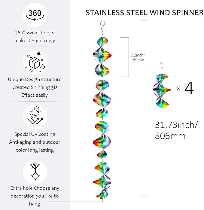 Aoedelyart Rainbow Wave Wind Spinners Outdoor Hanging Decor Wind Sculpture,7In Stainless Steel Bird Scare Devices Reflective Wind Spinner,Bird Deterrents for Outside,Yard Garden Ornaments Gifts(4Pack)