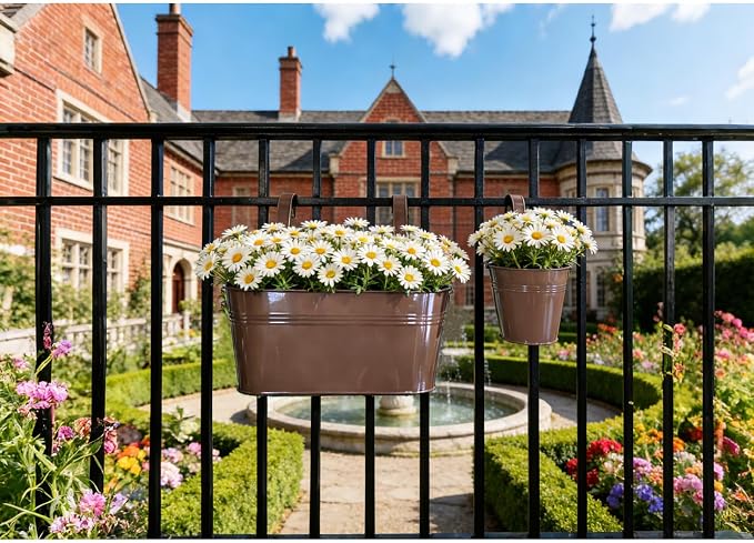 Set of 8 Outdoor Metal Railing Planters Box - 4 Pcs 5.12" Round Balcony Hanging Planter & 4 Pcs 17" Oval Fence Pot with Detachable Hooks Drainage, Chocolate
