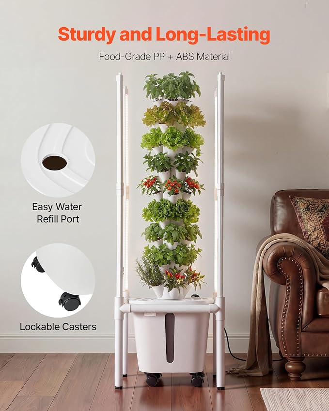 VEVOR Hydroponic Tower, 45 Pods 9 Tiers Hydroponics Growing System Kit with LED Grow Light, App Control & Casters, Vertical Home Garden with 20L Water Tank & Pump for Indoor Herbs, Fruits, Vegetables