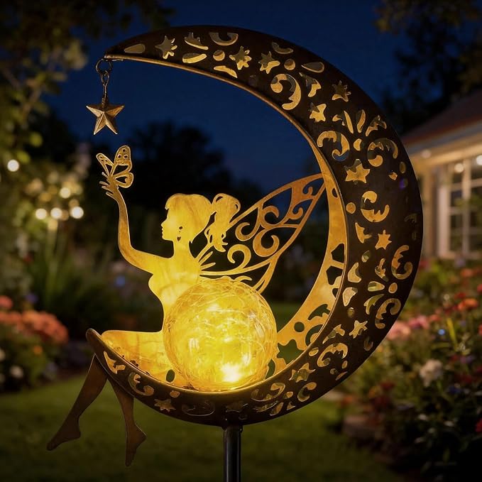 Solar Moon Fairy Garden Stake Light, Outdoor Waterproof Metal Yard Art with Crackle Glass, Decorative Solar Pathway Lights for Patio Lawn, Gift for Housewarming Mother's Day for Mom Women
