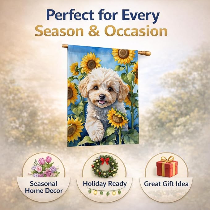 Caroline's Treasures DAC6118CHF Maltipoo in Sunflowers House Flag Large Porch Sleeve Pole Decorative Outside Yard Banner Artwork Wall Hanging, Polyester, House Size, Multicolor