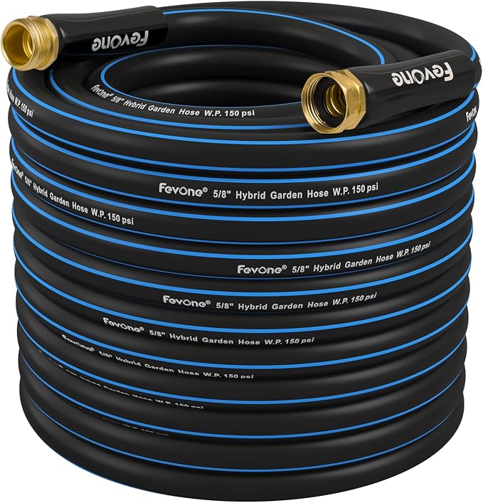 FEVONE Kink Free Garden hose 100 ft, Heavy Duty Water Hose | Flexible Lightweight Hybrid Polymer, 5/8 ID, 600 PSI, Leak-Free, Solid Brass 3/4 GHT Connectors for Lawn, Garden Watering