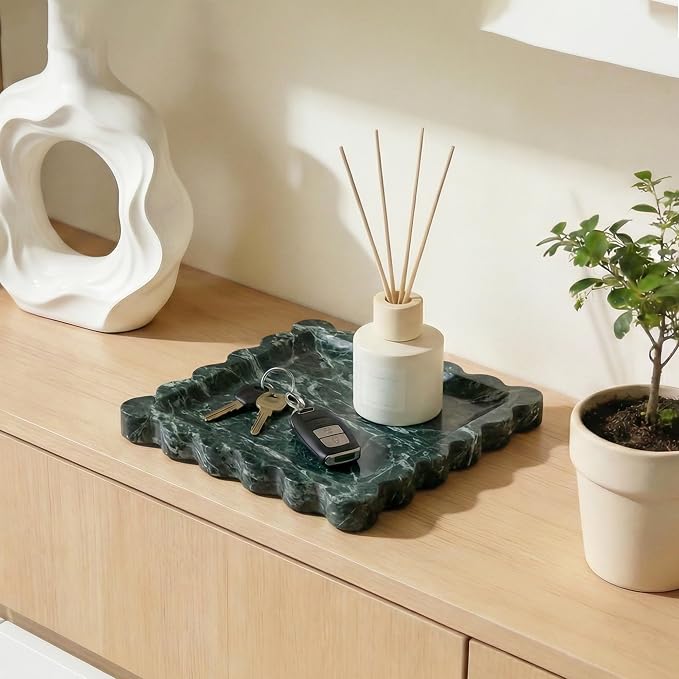 Scalloped Square Marble Decorative Tray, Natural Stone Vanity & Jewelry Tray, Trinket Organizer for Ring, Key, Dresser, Nightstand, Bathroom Counter & Kitchen Sink(Verde Alpi Green)