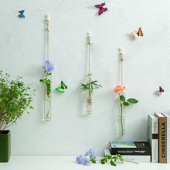 Sziqiqi Hanging Clear Glass Propagation Station Tube Vases for Cuttings, Buds, Greenery Hydroponic Plant Propagation Home Balcony Bath Wall Decoration Floral Container Set of 3 Ivory