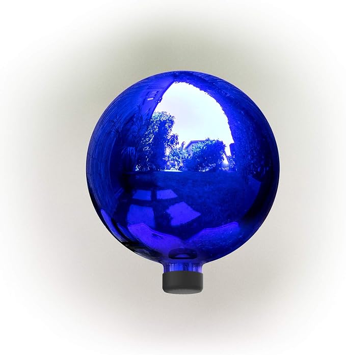 Alpine Corporation 10" Diameter Blue Glass Gazing Globe with 10" Tall Black Iron Stand