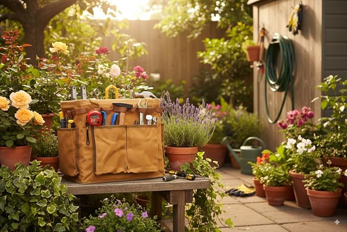 Water Resistant Gardening Tool Bag with Handles - 6 Pockets Utility Self-Standing Organizer for Camping/Garden/Car Storage, 14" x 13" x 10" | Khaki