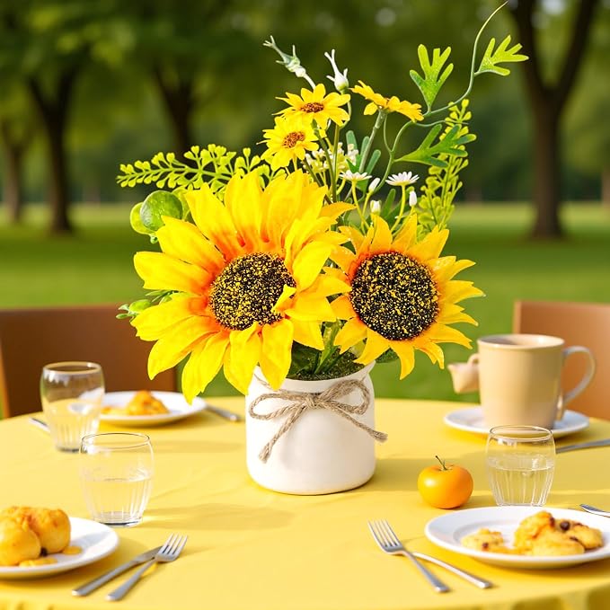 Zeyune 12 Pcs Sunflower Potted Plants Rustic Summer Spring Kitchen Wedding Table Centerpieces Silk Yellow Fake Flower with Plastic Pot for Home Bathroom Office (White,Sunflower)