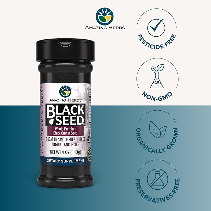 Amazing Herbs Whole Premium Black Cumin Seed - Nigella Sativa Seeds, Organic, Gluten-Free, Non-GMO, Supports Immune System, Cardiovascular Health, & Digestion - 4 oz
