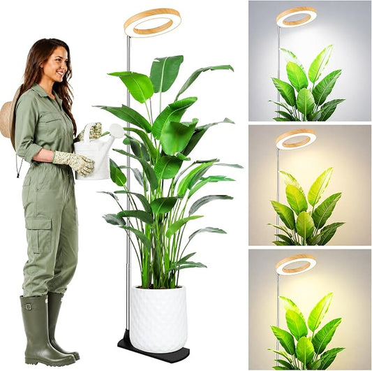 LBW Grow Lights for Indoor Plants, 6.3" Full Spectrum Plant Light with Base, 65" Height Adjustable Grow Lamp, 6/8/12/16H Auto Timer, 3 Colors, 5 Dimmable Levels, for Tall Large Plants, Bamboo Grain