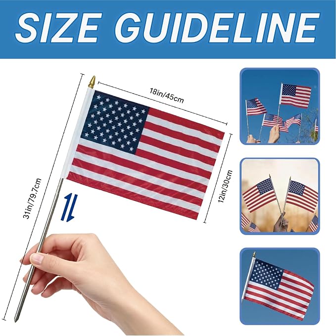 12 Pack Small American Flags on Stick, 12x18 Inch Mini Handheld USA Flag with Telescopic Stainless Steel Flag Pole, 4th of July US 250th Anniversary Decorations, Memorial Day Outdoor Decor
