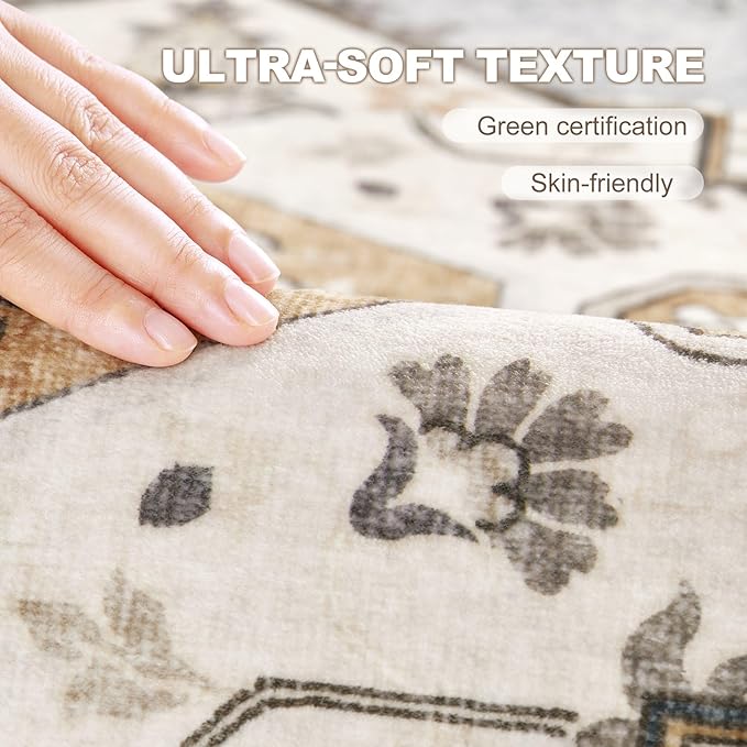 8x10 Washable Area Rug: Vintage Neutral Soft Non Slip Thin Large Floor Carpet for Living Room Bedroom Kitchen Dining Room Home Office Farmhouse Indoor - Green