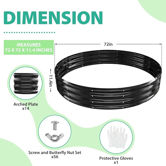YSEJOMP 6FT Diameter Galvanized Garden Raised Bed/Plant Box/Fire Pit Ring-0.8mm Thick,12 Inch Tall,Crimped Edge and Corner,No Sharpe,Perfect for Plantings (Black, 72 Dia X 12 inches)
