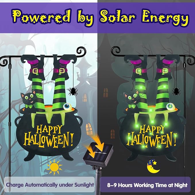 Halloween Lighted Garden Flag, Solar Welcome Ghost Yard Flag for Outside, 8 Modes Double Sided Welcome Halloween Ghost Outdoor Decorations for Home Porch