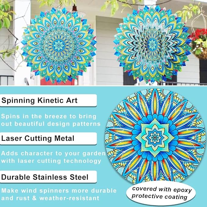 Peacock Wind Spinners Outdoor, 12 Inch Stainless Steel Spinfinity Wind Spinner, Wind Chimes Garden Decor for Outside, 3D Kinetic Hanging Sculpture Suncatcher, Metal Yard Art Ornament, Gifts