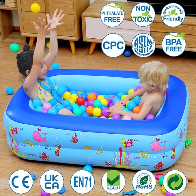 Inflatable Kiddie Pool, 45" × 33" × 14" Kids Swimming Pool with Inflatable Soft Floor, Ocean World Inflatable Bathtub for Indoor or Outdoor, Ball Pit Pool