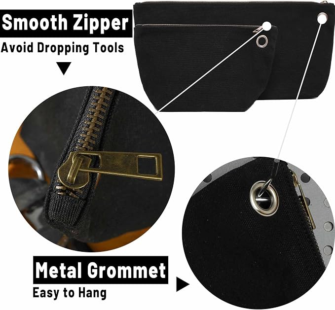 Multi-Purpose Tool Storage Bag - 16oz Waxed Canvas Item Collection Pouch for Men Women, Portable Tools Organizer Pouches with Zipper | 1 Large & 1 Small | For Coins Pliers Nuts - Black
