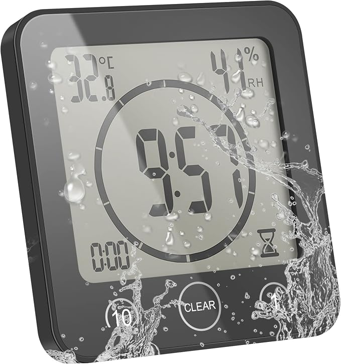 Digital Bathroom Shower LCD Wall Clock with Suction, Waterproof Temperature Humidity Gauge, Touch Screen Timer, Large Countdown Timer (Black)
