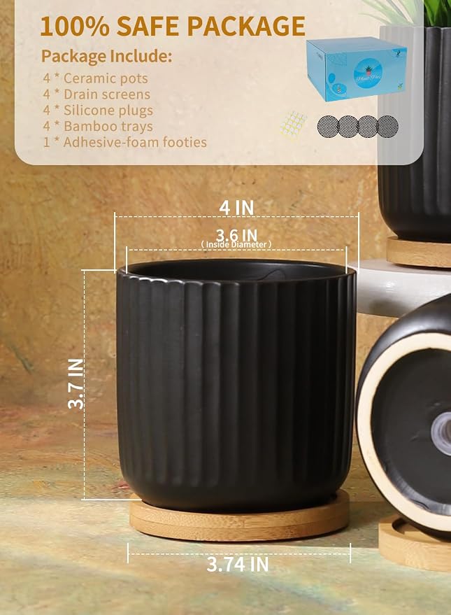 4 Inch Ceramic Plant Pots, Small Succulent Pot with Drainage Hole & Saucer | for Cactus, Herbs, Set of 4, Plants Not Included