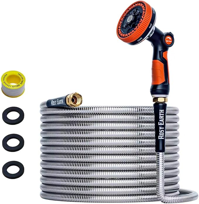 Rosy Earth 25ft Stainless Steel Garden Hose, Heavy Duty Metal Water Hose with 8 Functional Ultra-Wide Nozzle, No-Kink Outdoor Hoses Flexible Tough Water Hose Sprayer for Yard, RV