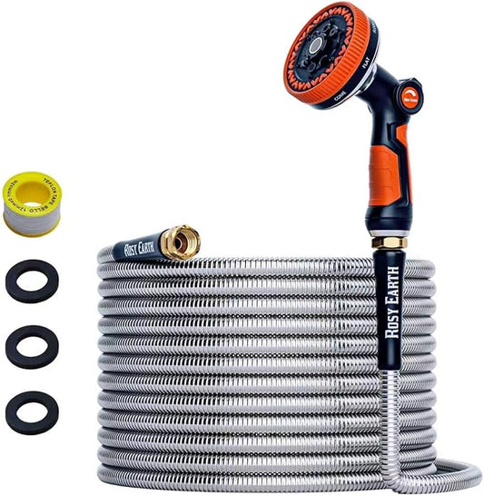 Rosy Earth 25ft Stainless Steel Garden Hose, Heavy Duty Metal Water Hose with 8 Functional Ultra-Wide Nozzle, No-Kink Outdoor Hoses Flexible Tough Water Hose Sprayer for Yard, RV