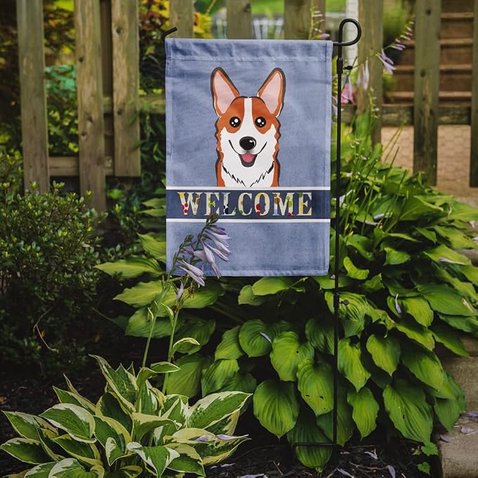 Caroline's Treasures BB1440GF Red Corgi Welcome Garden Flag, Blue Mailbox Flag Decorative Yard Flag Banner Outside Patio Artwork Yard Flower Beds, Garden Size, Multicolor