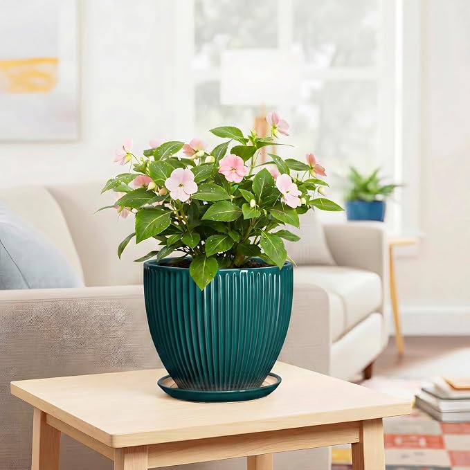Ceramic Planter, 8 Inch Plant Pots with Drainage Hole and Saucer, Round Flower Pots for Indoor Plants, Modern Decorative Pot for Plants, Bathroom Decor, Gifts for Plant Lovers, Blackish Green