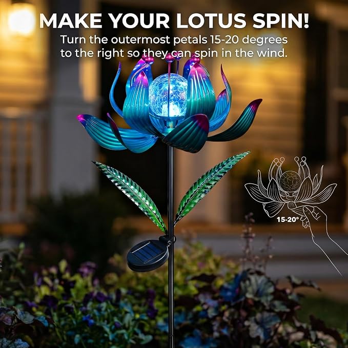 38 Inch Solar Wind Spinner Outdoor, Kinetic Lotus Yard Art with Glass Light | Glowing Crackle Glass Light And 360° Spinning Lotus Petals Create Vibrant Garden Decor For Patios, Lawns And Pathways