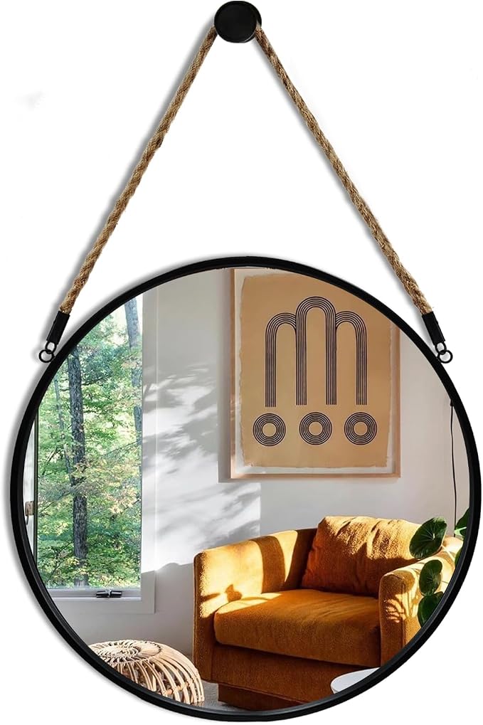 POZINO 15" Small Round Rope Hanging Mirror with Black Metal Frame | Circle HD Mirror with Jute Rope, Anti-Rust, Farmhouse Decorative Wall Mirror for Entryway, Living Room, Fireplace, Bedroom