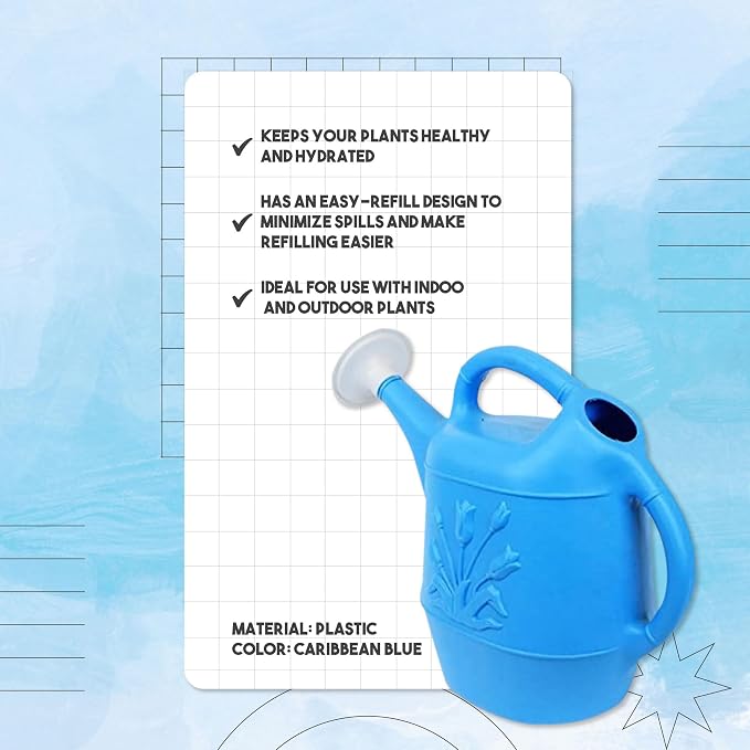 Union Products 63066 2 Gallon Plastic Indoor/Outdoor Watering Can w/Tulip Design for Garden, Potted Plants, & Patio Pots, Caribbean Blue, 3 Pack
