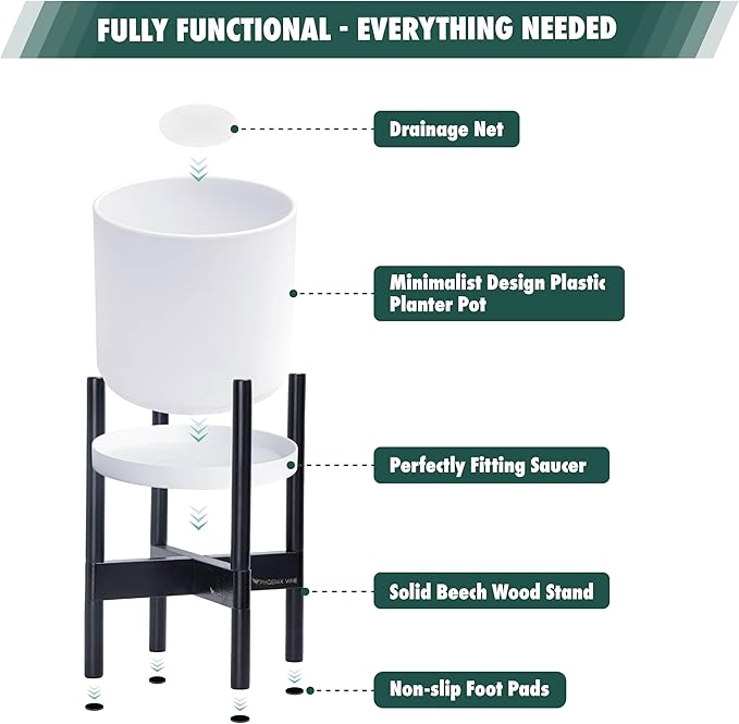 D'vine Dev Planter Pot with Stand - 16 Inch Plastic Cylinder Flower Pot with Wood Planter Holder for Indoor, Matte White Pot + Ebony Stand, 55-C-Z-1