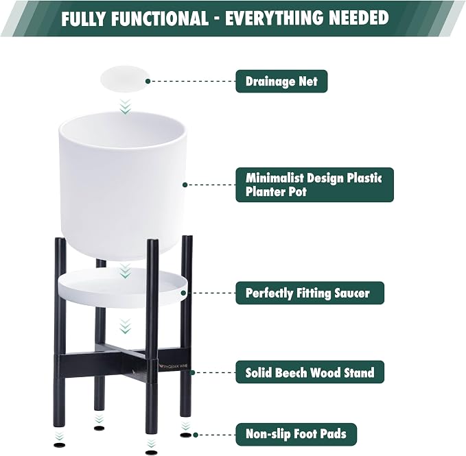 D'vine Dev Planter Pot with Stand - 8 Inch Plastic Cylinder Flower Pot with Wood Planter Holder for Indoor, Matte White Pot + Ebony Stand, 55-C-K-1