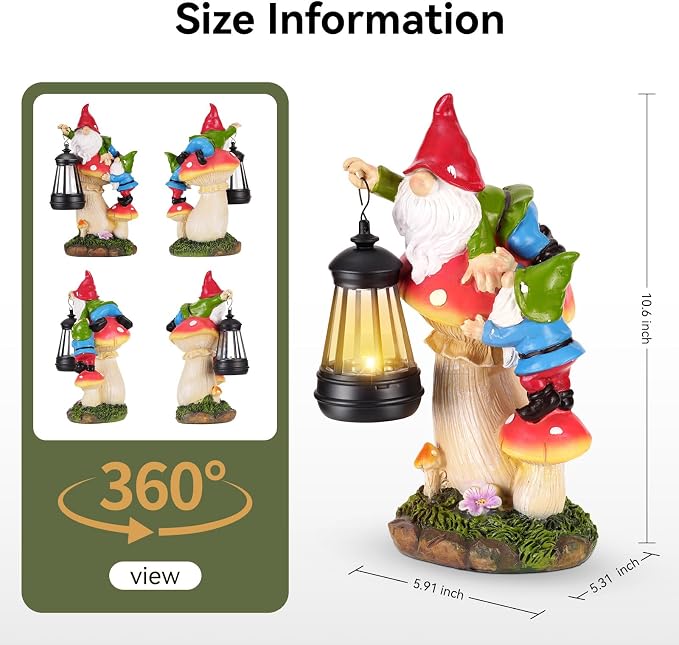 Garden Gnomes Outdoor Statues with Light, Gnomes Decorations for Yard, Solar Garden Gnome Climbing on Mushroom, Lawn Ornaments for Patio, Balcony Housewarming- Unique Women Gifts