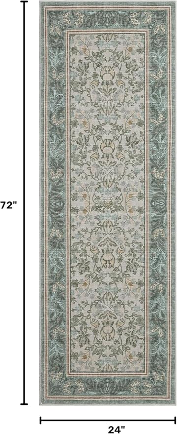 GarveeHome Washable 2x6 Hallway Runner Rug Non Slip Kitchen Rugs Sage Green | Boho Vintage Runner Rugs with Rubber Backing Soft Low-Pile Stain Resistant Indoor Long Carpet for Entryway Bedroom Laundry