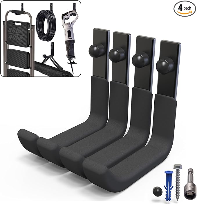 4 Pack Garage Storage Hooks, Ladder Hangers, Steel Wall Mount Hooks, Utility Hooks for Hanging Heavy Duty Shed Tools, Ropes, Garden Hoses, Shovel, Bulk Items, etc.（88lbs, 4Inch）