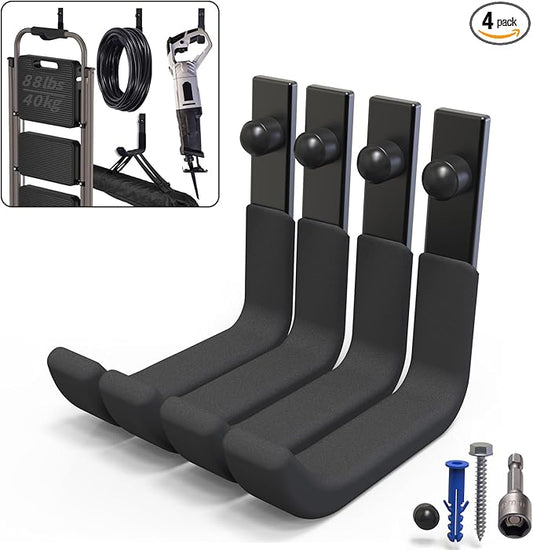 4 Pack Garage Storage Hooks, Ladder Hangers, Steel Wall Mount Hooks, Utility Hooks for Hanging Heavy Duty Shed Tools, Ropes, Garden Hoses, Shovel, Bulk Items, etc.（88lbs, 4Inch）