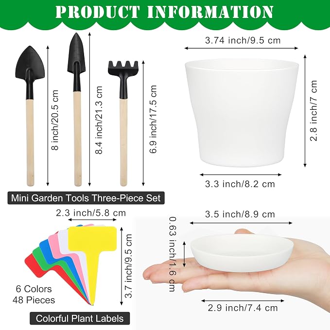 Hahood 48 Pack Plastic Planters 4 Inch Flower Plant Pots Indoor Set Thickened Seedling Nursery Pots Seed Starting Pots with Drainage Holes Saucers, Mini Garden Tools for Home Office Garden, White