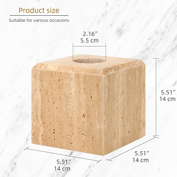 Natural Marble Square Tissue Box Cover,Stone Modern Decorative Sturdy Napkin Box Holder Case,Facial Paper Organizer for Bathroom Vanity Toilet Countertop,Kitchen (1, Travertine, 5.71 * 5.71 * 5.51)