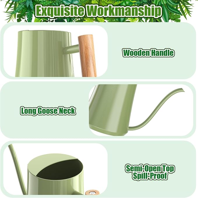 Green Moon 1L/35oz Metal Watering Can Indoor with Long Spout, Sage Green | Metal Stainless Steel Watering Can with Wood Handle for Indoor Plants, House Bonsai, Succulents, and Outdoor Garden Flowers