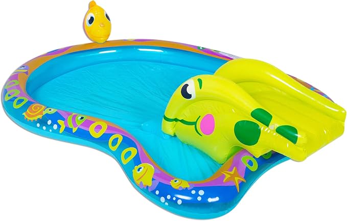Banzai Shade 'N Slide Turtle Inflatable Outdoor Kiddie Splash Pool with Fish Sprinkler, Removable Canopy, and Mini Slide for Ages 3+