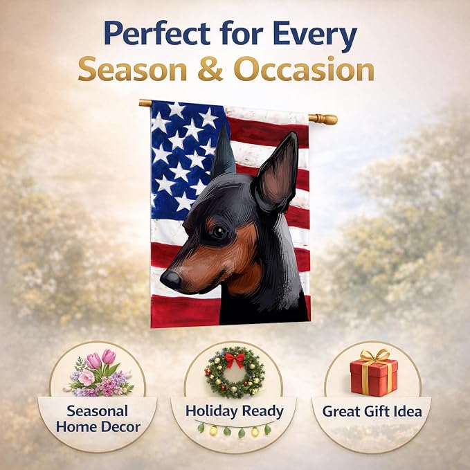 Caroline's Treasures CK6618CHF Miniature Pinscher Dog American Flag House Flag Large Porch Sleeve Pole Decorative Outside Yard Banner Artwork Wall Hanging, Polyester, House Size, Multicolor