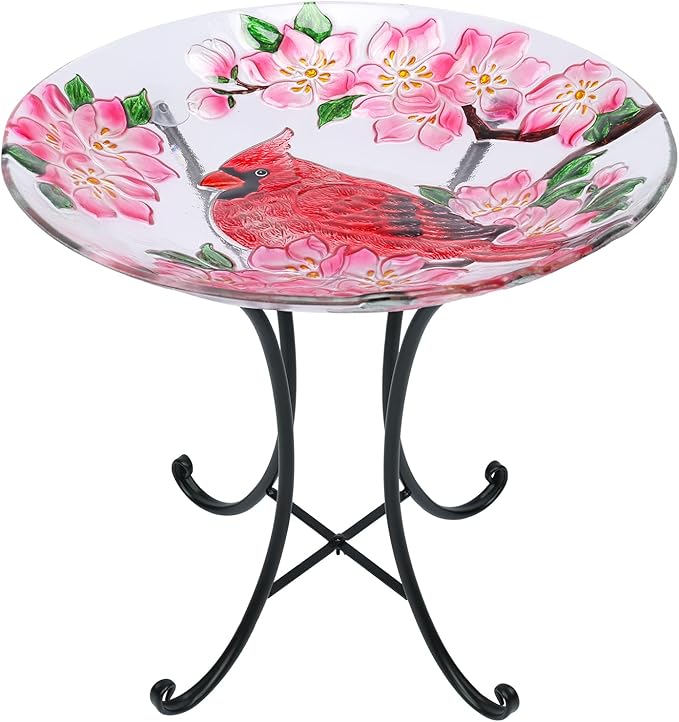 MUMTOP Outdoor Glass Birdbath with Metal Stand for Outside Lawn Yard Garden Cardinal Decor,18” Dia/21.65 Height